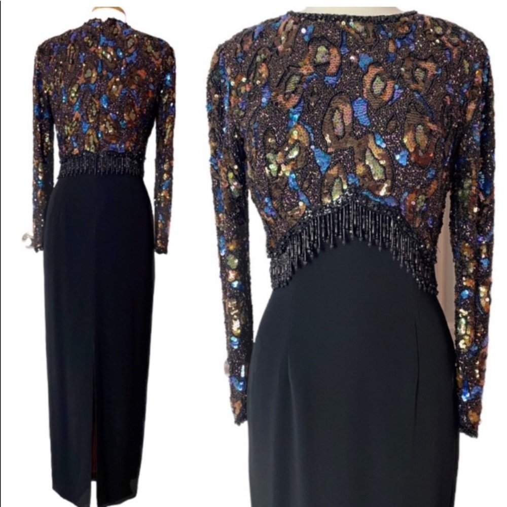 OLEG CASSINI BLACK TIE Beaded Formal Evening Gown